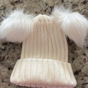 White Knitted Baby Beanie with 2 Pom Poms
